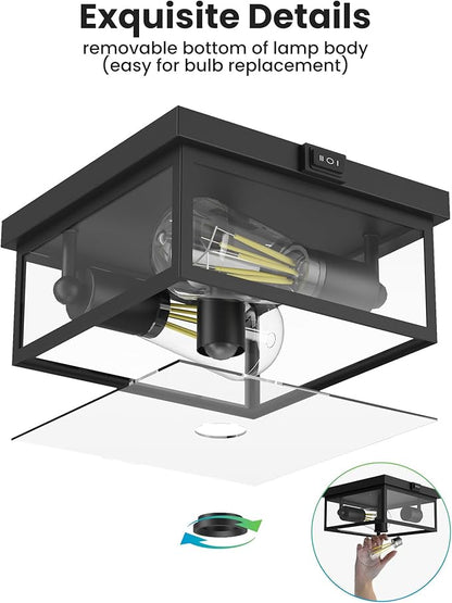 Outdoor Ceiling Light with Motion Sensor 12'', Flush Mount Porch Light, Exterior Light Fixture with Clear Glass, Dusk to Dawn 2-Light Fixture for Patio,Porch