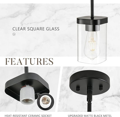 Modern Pendant Light Fixtures 3-Pack, Matte Black Pendant Lights Kitchen Island with Square Transparent Glass, Glass Pendant Light for Dining Room, Bedroom, Living Room, Farmhouse