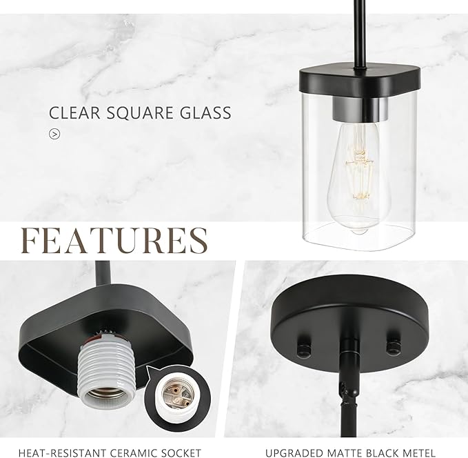 Modern Pendant Light Fixtures 2-Pack, Matte Black Pendant Lights Kitchen Island with Square Transparent Glass, Glass Pendant Light for Dining Room, Bedroom, Living Room, Farmhouse