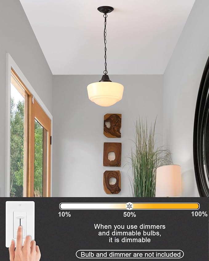 Schoolhouse Pendant Fixture, 12 Inch Black Finish with Milk Glass Adjustable Mid Century Ceiling Pendant Lighting, Pendant Light Fixtures for Kitchen Hallway Entrywa Dining Room…
