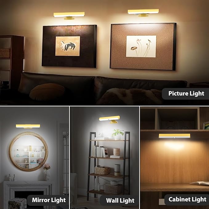 2Pack Wireless Picture Light with Remote,Battery Operated Wall Sconces for Wall Decor,3 Color Timer&Dimmable Paintings Light LED Art Display Lamp Picture Frame Light for Artwork Posters Gallery-Gold