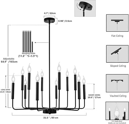 WOKNOS Modern Black Farmhouse Chandeliers, 12-Light Industrial Metal Chandelier Lighting, Classic Candle Hanging Pendant Light Fixtures for Living Room, Dining Room, Kitchen, Bedroom, Entryway