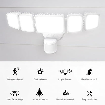 Onforu 150W 15000LM LED Security Lights Motion Sensor Outdoor, Dusk to Dawn Flood Lighting, 5 Heads 360° Wide Angle Illumination, 6500K IP65 Waterproof Hardwired Floodlight Motion Detection (White)