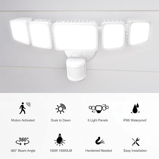 Onforu 150W 15000LM LED Security Lights Motion Sensor Outdoor, Dusk to Dawn Flood Lighting, 5 Heads 360° Wide Angle Illumination, 6500K IP65 Waterproof Hardwired Floodlight Motion Detection (White)