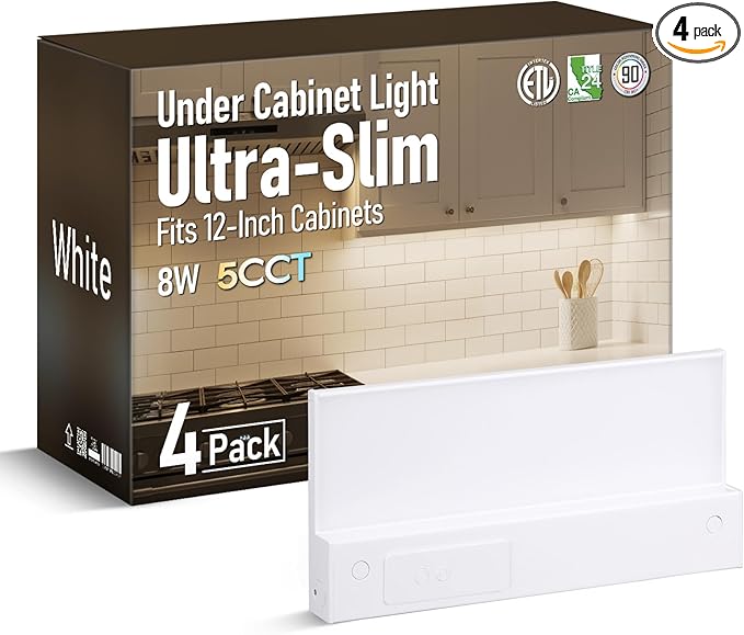 TORCHSTAR Ultra-Slim LED Under Cabinet Lighting Fits 12 Inch Cabinets, 5CCT 8W 600LM, Hardwired & Plug-in, 120V CRI90 Linkable Dimmable Thin Under Counter Lights for Kitchen, ETL T24, Pack of 4