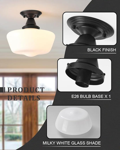 Schoolhouse Light Fixture, 12 Inch Black Finish with Milk Glass Semi Flush Mount Ceiling Light, Ceiling Light Fixture for Kitchen Hallway Entryway
