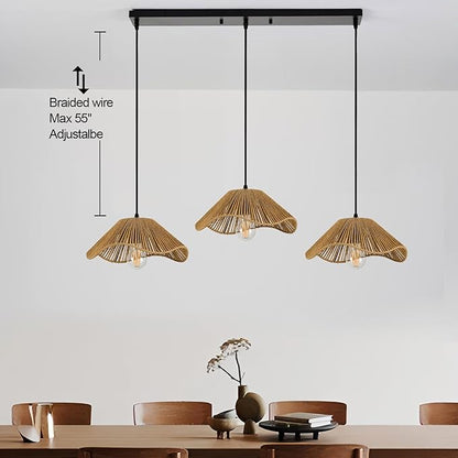 Bobo 3 Light Pendant Light, Hard Wired Hanging Chandelier with 12” Flower Paper Rope Rattern Shade,Suspended Lighting Fixture for for Kitchen Island Dining Bedroom Living Room Restaurants