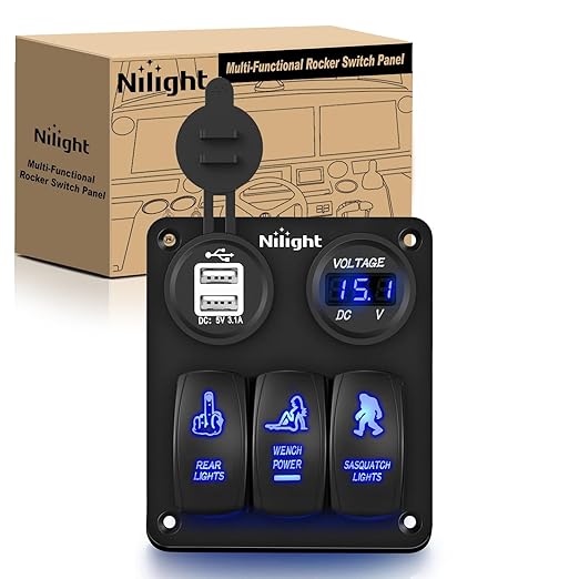 Nilight 3 Gang Rocker Switch Panel USB Charger LED Voltmeter Sasquatch Lights Wench Power Rear On Off Aluminum Waterproof Toggle for 12V Cars Trucks Boats