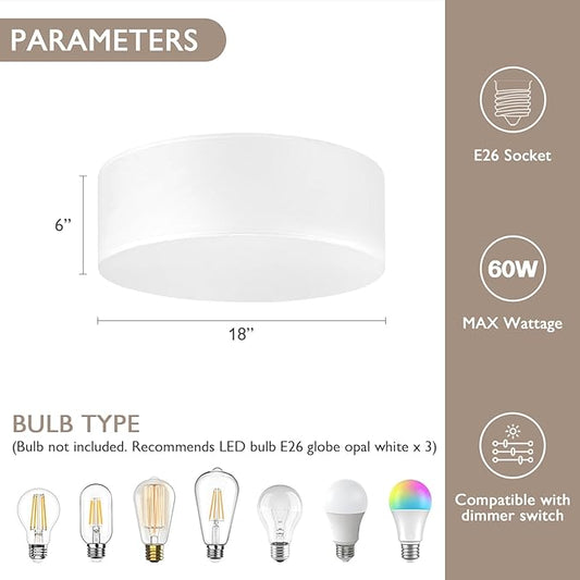 CALOKES 18-Inch Large Flush Mount Ceiling Light Fixture with White Fabric Shade, Modern Drum Closed to Ceiling Lighting for Living Dining Room, Bedroom, Kitchen, Foyer - Farmhouse Lamp & Chandelier
