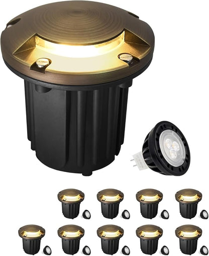 MALORY Brass Top Cover Landscape Well Lights,(5‘’H) 12V Low Voltage Outdoor In Ground Lights,5W Landscape Lighting for Pathway, Driveway and Garden (One-Direction Turret, 10-Pack with Bulb)