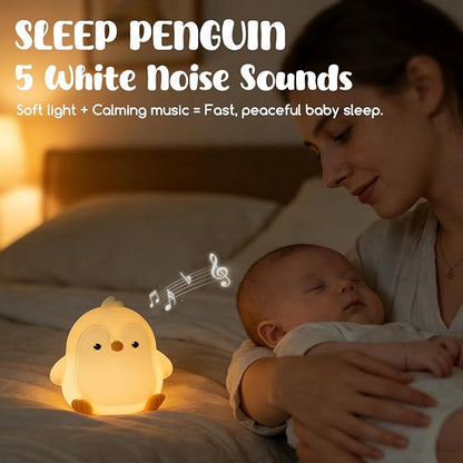 Cute Penguin Night Light for Kids, 3 Adjustable Brightness Levels & 6 White Noise Sounds,Rechargeable Variable Color Penguin lamp Gifts,Cute Room Decor Night Light for Kids Girls Boys