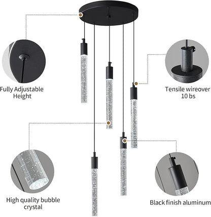 Modern Light Fixture Kitchen Island Pendant Light Dimmable LED Black Pendant Lights Mini Crystal Pendant Lighting for Bedroom Dining Room Living Room（5-Light ）