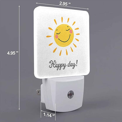 LED Night Light,Cartoon Cute Sun Icon Happy Day Word LED Night Light Plug into Wall with Dusk to Dawn Light Sensor White Energy Efficient Nightlight for Bedroom Hallway Living Room Kitchen