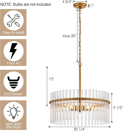 Glass Chandelier for Entryway, Gold Pendant Light for Hallway, Modern Hanging Light Fixture for Kitchen Island Dining Room Bedroom Foyer, Dia 24 Inch