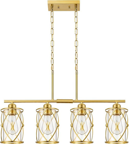 4-Light Kitchen Island Lighting, Modern Brushed Gold Dining Room Light Fixtures with Clear Glass, Farmhouse Industrial Linear Chandelier Pendant Light with Adjustable Chain, CH9176BG-4IS