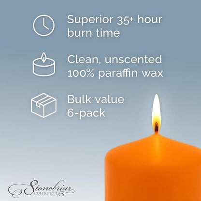 Stonebriar Unscented Pillar Candles – 35 Hour Burn Time, Long-Lasting Wax Candles for Weddings, Holidays, Home Décor & Special Events, Pack of 6, Orange, 3" x 4"
