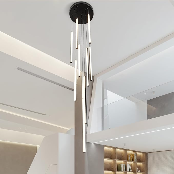 HuisMier Modern LED Chandelier, 10 Lights Black Dimmable Linear Pendant Light with Remote Control, High Ceiling Chandelier Adjustable Height for Staircase Living Room Hallway Foyer