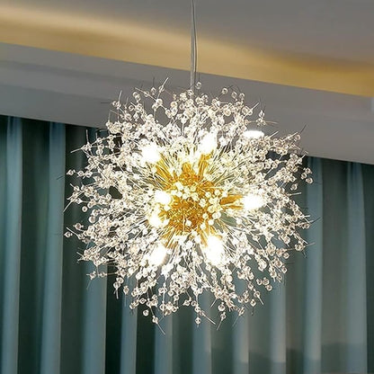 Modern Dandelion Firework Chandelier, Gold Bathroom Chandelier, Crystal Hanging Pendant Lighting Fixture for Dining Room, Bedroom, Entryway, Foyer, 9-Light