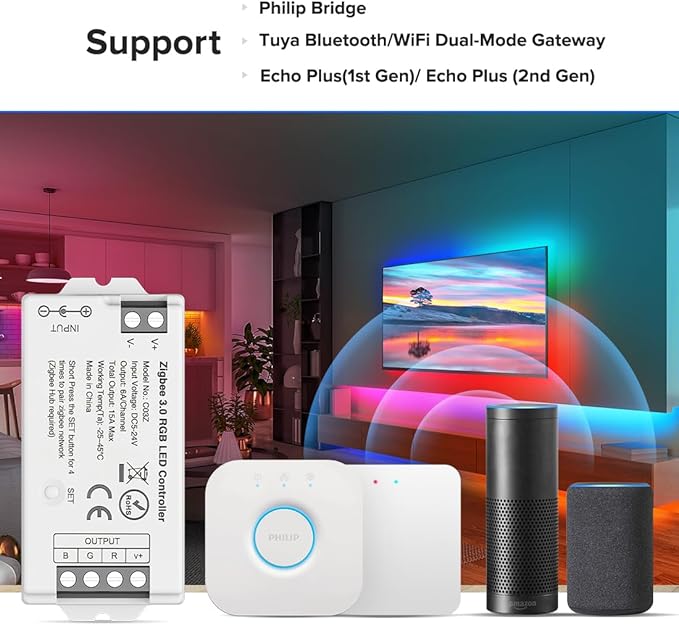 BTF-LIGHTING Tuya Zigbee 3.0 C03Z LED Controller Support RGB 4 pin (+V R G B) PWM FCOB COB SMD Light Strip Compatible with Echo Plus/4th Gen Philip Gateway DC5V/DC12V/DC24V Max 15A