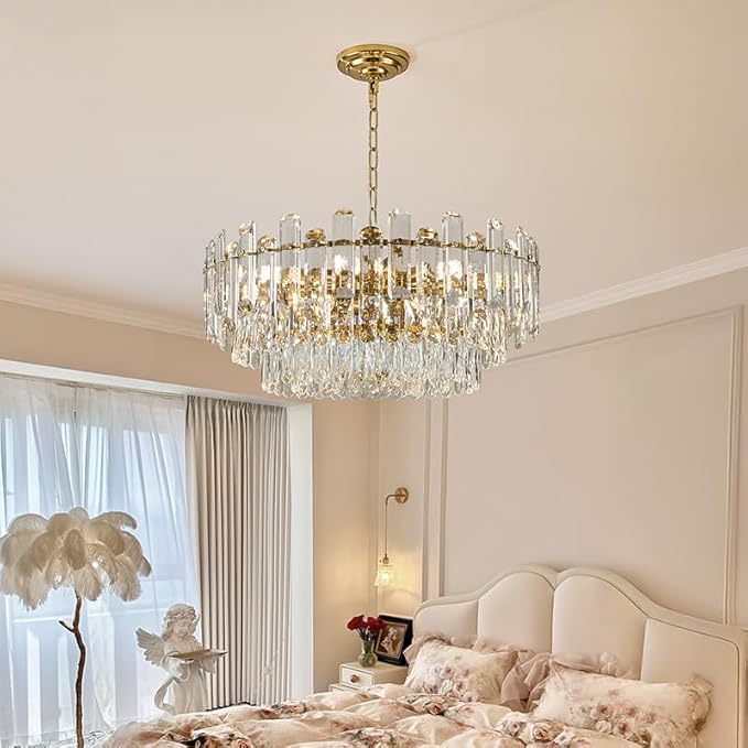 23.6" Gold Crystal Chandeliers Fully Transparent Crystal Modern3-Tier Luxury Pendant Light 12-Light Ceiling Pendant Lighting for Dinning Room Living Room Foyer