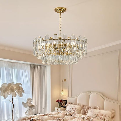 23.6" Gold Crystal Chandeliers Fully Transparent Crystal Modern3-Tier Luxury Pendant Light 12-Light Ceiling Pendant Lighting for Dinning Room Living Room Foyer