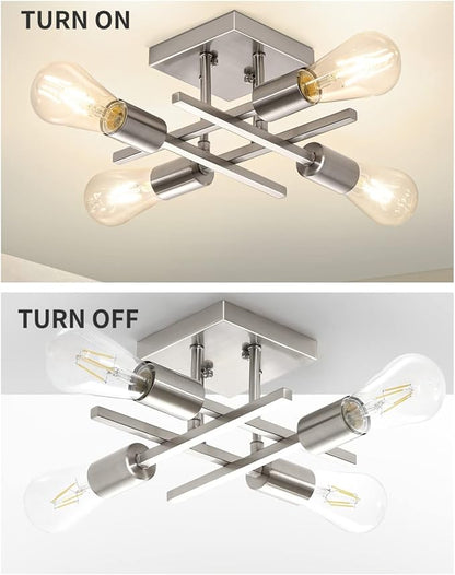 4-Light Semi Flush Mount Ceiling Light, Modern Brushed Nickel Close to Ceiling Light Fixtures, Easy Assembled, House Indoor Ceiling Lights for Bedroom Living Room Entryway