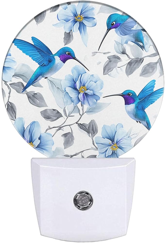 EKOBLA Hummingbird Night Light, Blue Bird Peony Flower Plug into Wall with Dusk to Dawn Light Sensors, Warm Nightlights for Bedroom, Bathroom, Hallway, Kitchen, Gifts for Girls Women