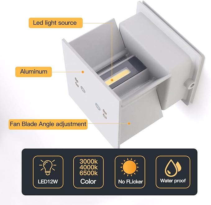 Mille Lucciole 12W 4Pack Outdoor Wall Lights Exterior/Interior,LED White Outdoor Wall Sconces Light Fixtures Modern,IP65 Waterproof Square Aluminum Wall Lamps, Up and Down Lights 3000K Warm Lights