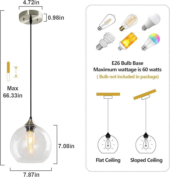 Clear Glass Pendant Lights Kitchen Island Lighting Globe Pendant Light Fixtures Modern Pendant Lighting for Kitchen Island Bedroom Living Dining Room Light Fixture(7.87in, 2-Pack)