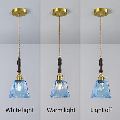 Blue Glass Vintage Pendant Light Height Adjustable Handmade Glass Pendant Lights Kitchen Island Gold Hanging Light Fixture with Wood Handle for Bedroom Dining Room Hotel (3 Pack)