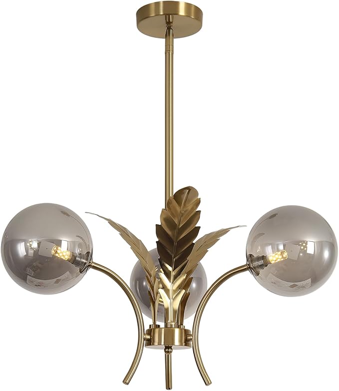 BOKT Smoke Gray Glass Farmhouse Sputnik Chandelier Modern Mid Century 3 Globe Ceiling Lamp Gold Pendant Lighting Fixture for Bedroom Living Dining Room Foyer Bulb Included