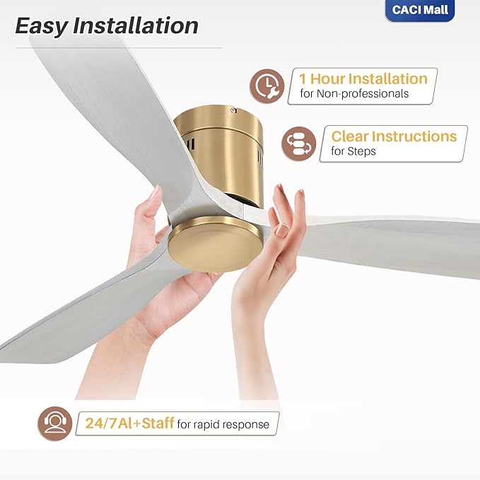 CACI Mall 52 Inch Smart Ceiling Fan without Light, Flush Mount, 3 Blades Solid Wood, Low Profile, Modern, Outdoor/Indoor Ceiling Fans No Light for Bedroom/Farmhouse/Patio