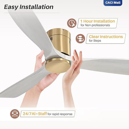 CACI Mall 52 Inch Smart Ceiling Fan without Light, Flush Mount, 3 Blades Solid Wood, Low Profile, Modern, Outdoor/Indoor Ceiling Fans No Light for Bedroom/Farmhouse/Patio
