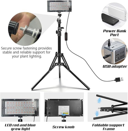 Grow Light for Indoor Plants,LED Plant Grow Light with Adjustable Tripod Stand 32.7”-61.6”,Red Blue Spectrum,USB Powered with 3/9/12H Timer,360° Adjustable Panel for Seedlings,Herbs,Home Garden