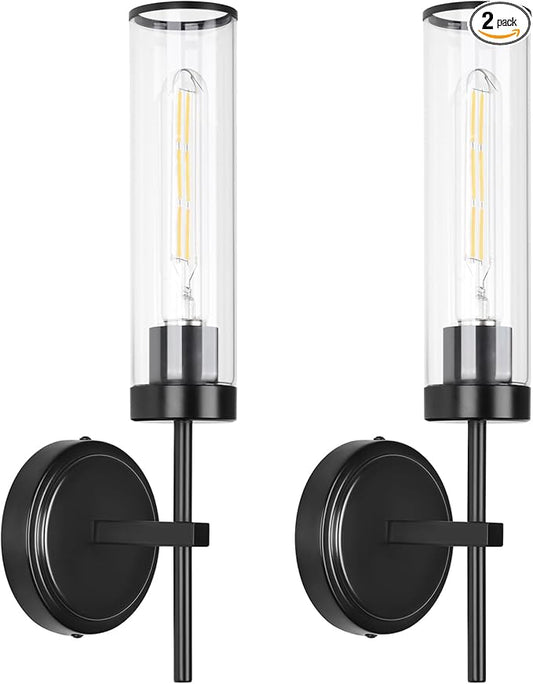 Wall Sconces Set of Two,Black Modern Wall Lighting 16" Bathroom Sconces Wall Lighting 60W with Clear Glass Shade for Living Room Corridor Mirror Bedroom Stairs