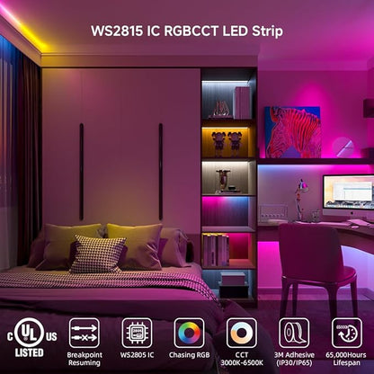 BTF-LIGHTING WS2805 IC RGBCCT Addressable Dual Data LED Strip 5050SMD 16.4FT 60LED/m 10Pixel/m,UL Listed,5 Colors in 1 Chasing Color RGB+CCT 3000K-6500K IP67 DC24V(No Adapter or Controller)