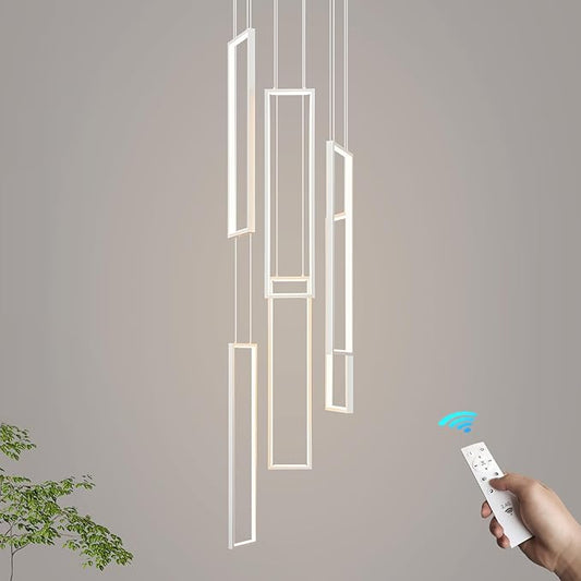 Modern Adjustable Height Pendant Light White 108W LED Pendant Lights 6 Rings Rectangular Chandelier Staircase Large Chandelier Lobby Living Room Kitchen Island Foyer High Ceiling Chandeliers