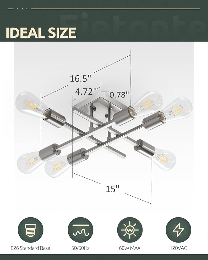 6-Light Semi Flush Mount Ceiling Light Fixture, Industrial Brushed Nickel Close to Ceiling Lighting, Modern E26 Base Sputnik Chandelier Ceiling Lamp for Bedroom Living Room Hallway, 2 Pack