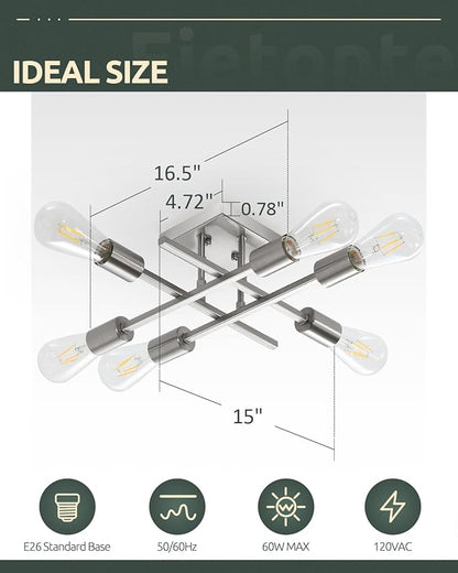 6-Light Semi Flush Mount Ceiling Light Fixture, Industrial Brushed Nickel Close to Ceiling Lighting, Modern E26 Base Sputnik Chandelier Ceiling Lamp for Bedroom Living Room Hallway, 2 Pack