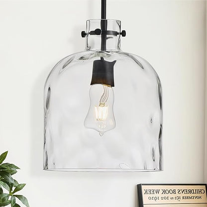 Modern Black Glass Pendant Light – 10-Inch Wide Single Dome Light Fixture, 1-Light E26 Ceiling Hanging Lamp for Kitchen Island, Dining Room, Hallway