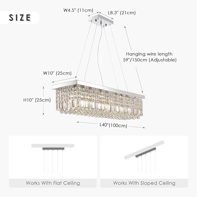 Siljoy 8 Lights Modern Crystal Chandeliers, Rectangular K9 Crystal Raindrop Chandelier, Rectangle Pendant Ceiling Light for Dining Room Kitchen Island, Adjustable Hanging Height, L40 x W10 x H10