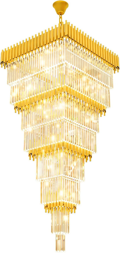 W32 x H94.5 Large Gold Chandeliers for High Ceiling, 25-Light Square Tiered K9 Crystal Raindrop Chandelier, Adjustable Height Luxury Pendant Light for Staircase, Villa Foyer, Entryway