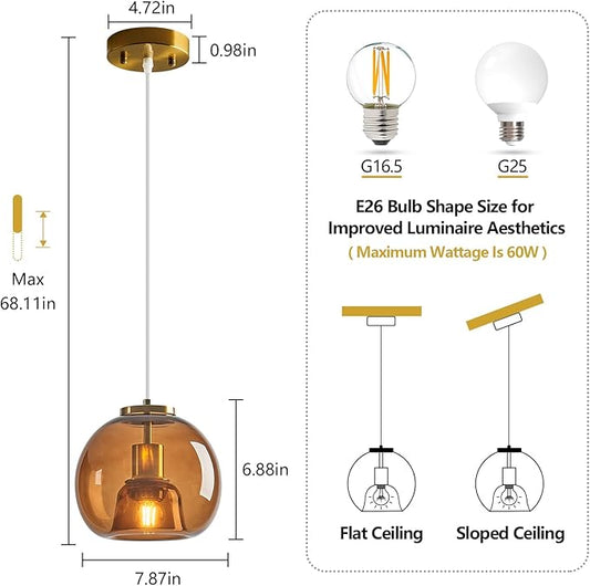 Brown Glass Pendant Lights Kitchen Island Gold Hanging Light Fixture Glass Globe Pendant Light Modern Pendant Lighting for Kitchen Island Bedroom Dining Room (7.87", 1 Pack)
