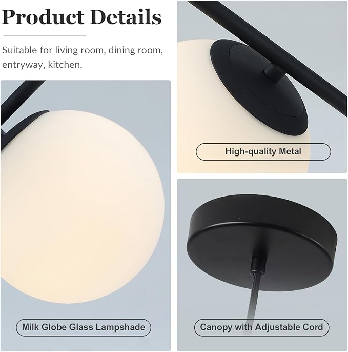 Modern Pendant Light, 1-Light Black Glass Globe Ceiling Pendant Lamp, Bedside Matte Hanging Pendant Light Fixtures for Bedroom Living Dining Room Kitchen