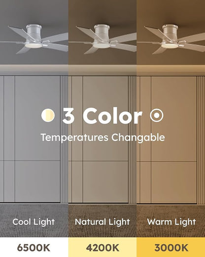52 Inch Ceiling Fans with Lights and Remote, White Low Profile Ceiling Fan, Flush Mount Style with 5 Blades, For Indoor Bedroom Living Room/Outdoor, 6 Speed Reversible DC Motor, 3CCT Dimmable LED