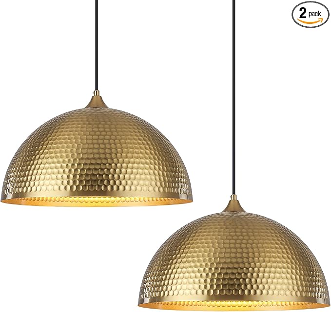 Gold Pendant Light 16 inch, Hammered Large Dome Pendant Light, Industrial Farmhouse Pendant Lights Kitchen Island, Gold Kitchen Pendant Lights for Kitchen, Dining Room Living Room 2 Pack