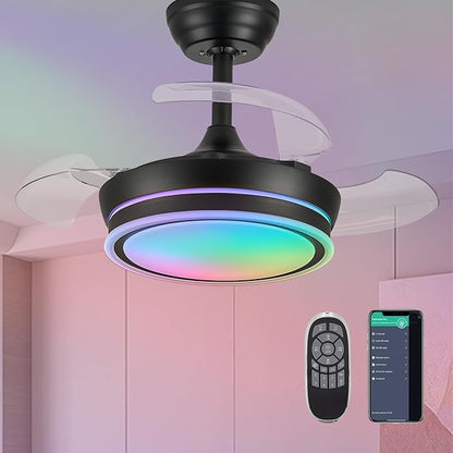 30" RGB Retractable Fandelier Ceiling Fan Dimmable Chandelier Ceiling Fans with Lights and Remote APP Control for Living Dinning Room Bedroom Black