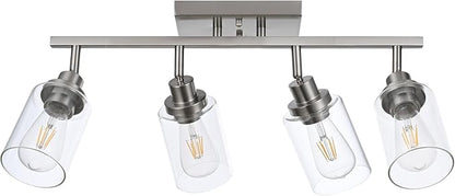 4 Light Track Lighting Fixtures Ceiling Kitchen Track Lighting Kit Brushed Nickel Bathroom Tracking Vanity Lights with Clear Glass Shade, Rotatable Spotlight for Accent Task Wall Art Hallway