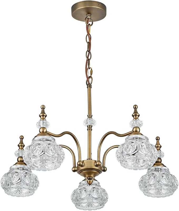 Vintage 5 Lights Gold Glass Pendant Lighting Rustic Style Chandelier Matte Brushed Antique Brass Finish with Crystal Glass Shade for Kitchen Island