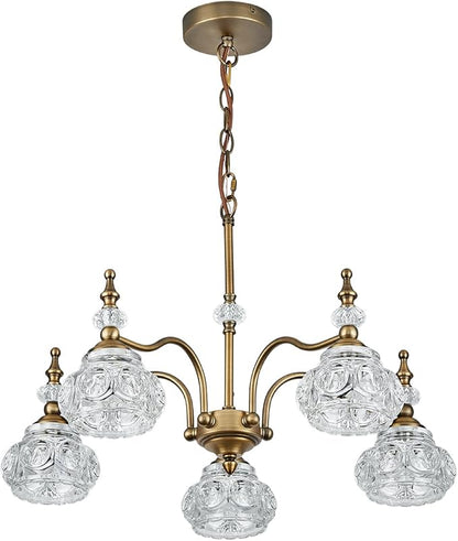 Vintage 5 Lights Gold Glass Pendant Lighting Rustic Style Chandelier Matte Brushed Antique Brass Finish with Crystal Glass Shade for Kitchen Island